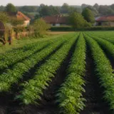 Un câmp agricol cu rânduri lungi de plante verzi (cultură de cartofi sau similară), bine îngrijite