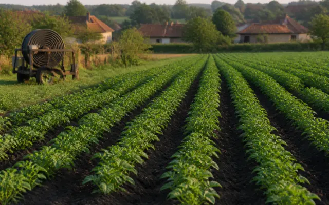 Un câmp agricol cu rânduri lungi de plante verzi (cultură de cartofi sau similară), bine îngrijite