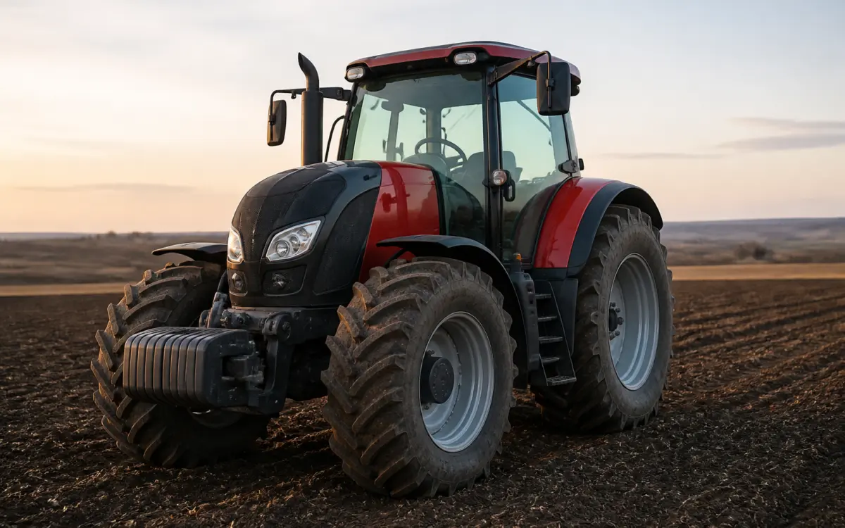 Un tractor agricol modern de culoare roșu și negru este staționat pe un teren arat, sub un cer de apus