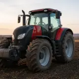 Un tractor agricol modern de culoare roșu și negru este staționat pe un teren arat, sub un cer de apus