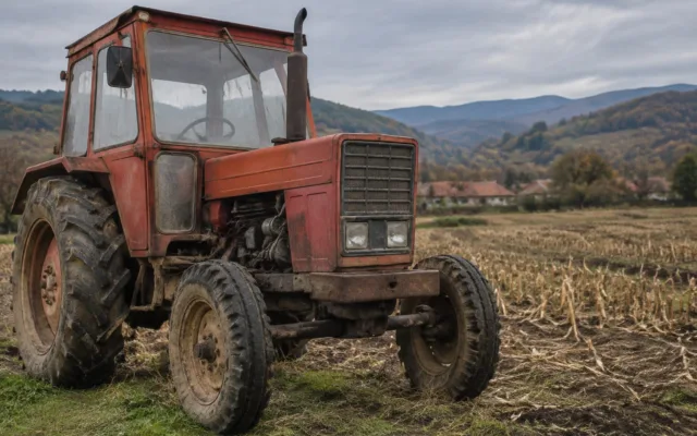 Tractor agricol staționat pe un câmp la finalul sezonului de recoltă
