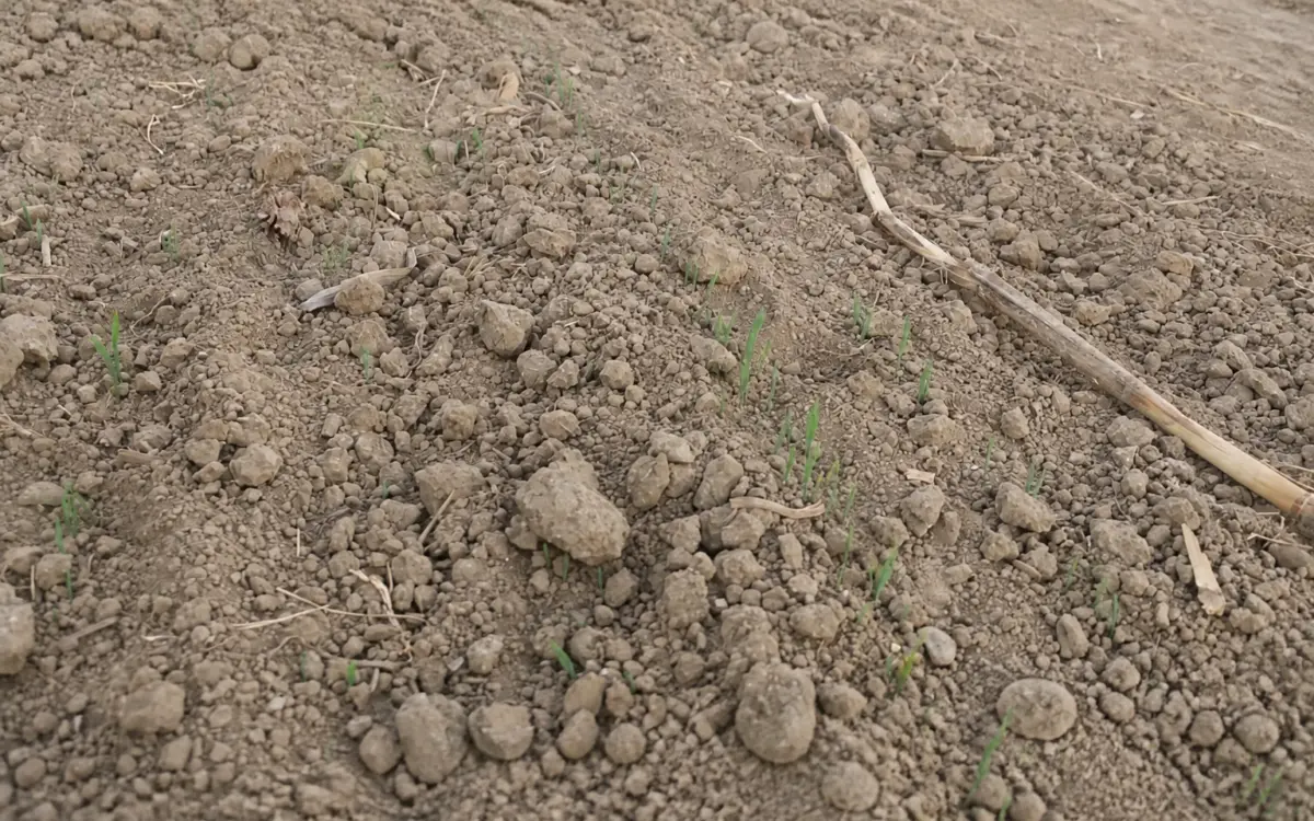 Dry agricultural soil with young green cereal sprouts emerging from the ground among dry stalks