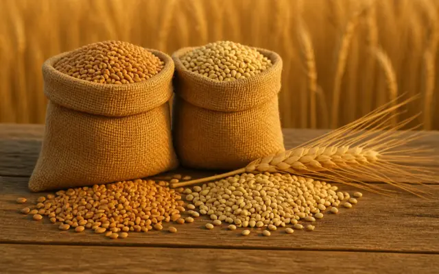 Two burlap sacks filled with wheat grains and loose grains on a wooden table with wheat ears