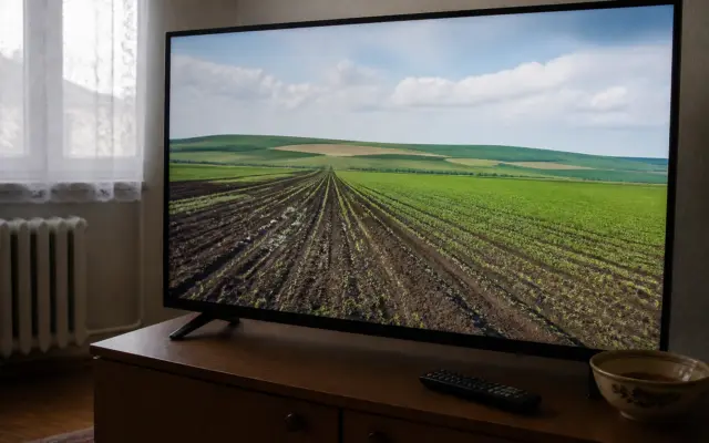 Un televizor cu ecran mare așezat pe o comodă de lemn, difuzând o imagine panoramică a unui câmp agricol cu rânduri cultivate, sub un cer cu nori
